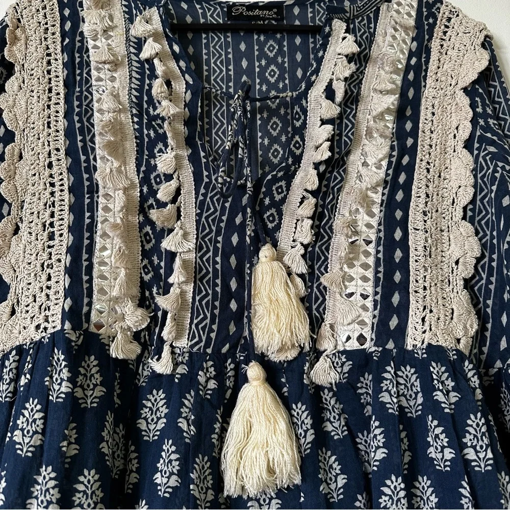 Blue Boho Chic Block Mix Match Print Tiered Mini Dress, Ties and Tassels/AU12 - Picture 7 of 7